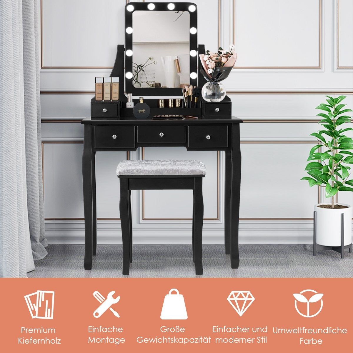 Wooden dressing table with rectangular mirror & padded stool 80 x 40 x 135.5 cm black