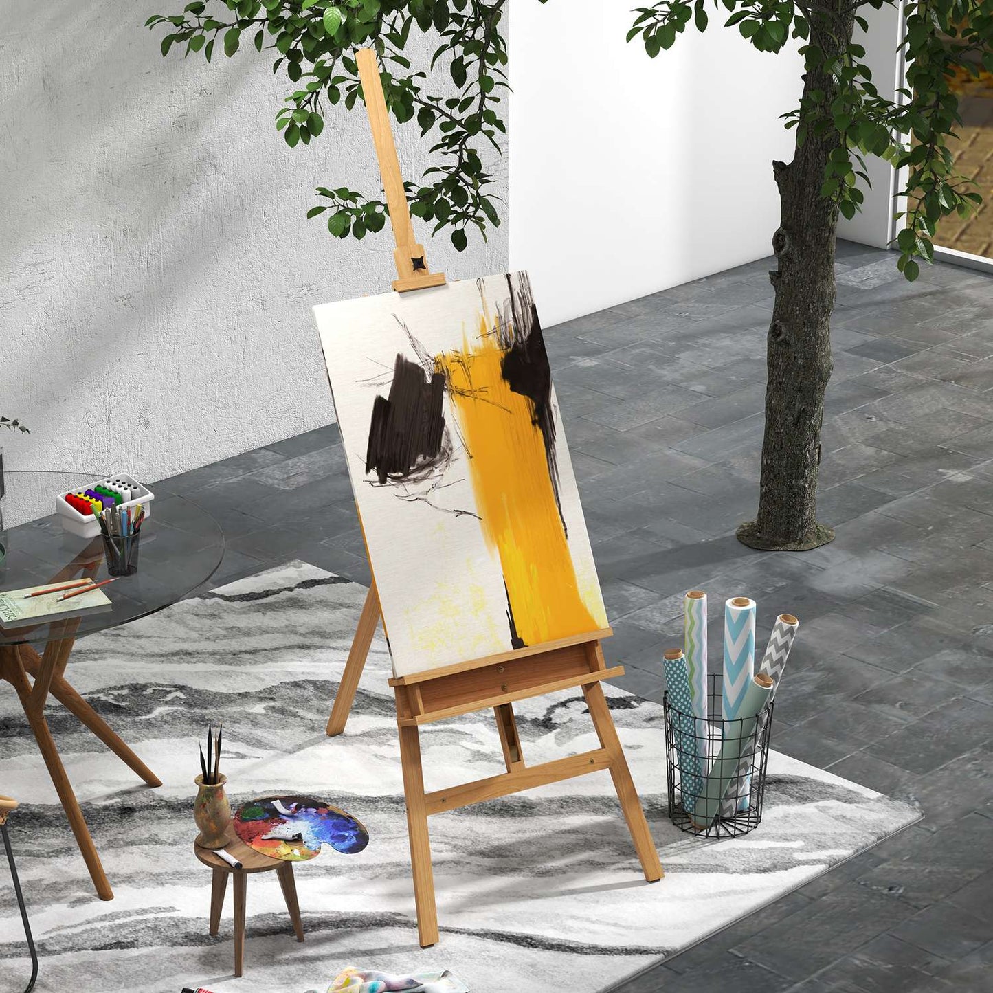Adjustable wooden easel 180-235 cm with shelf and canvas holder