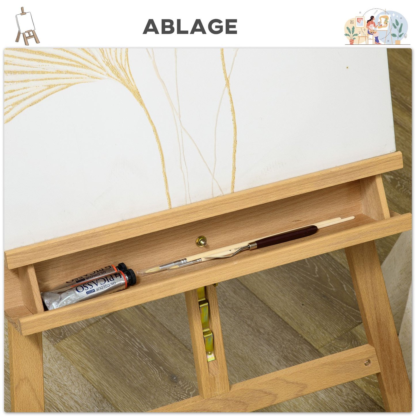 Adjustable wooden easel 180-235 cm with shelf and canvas holder