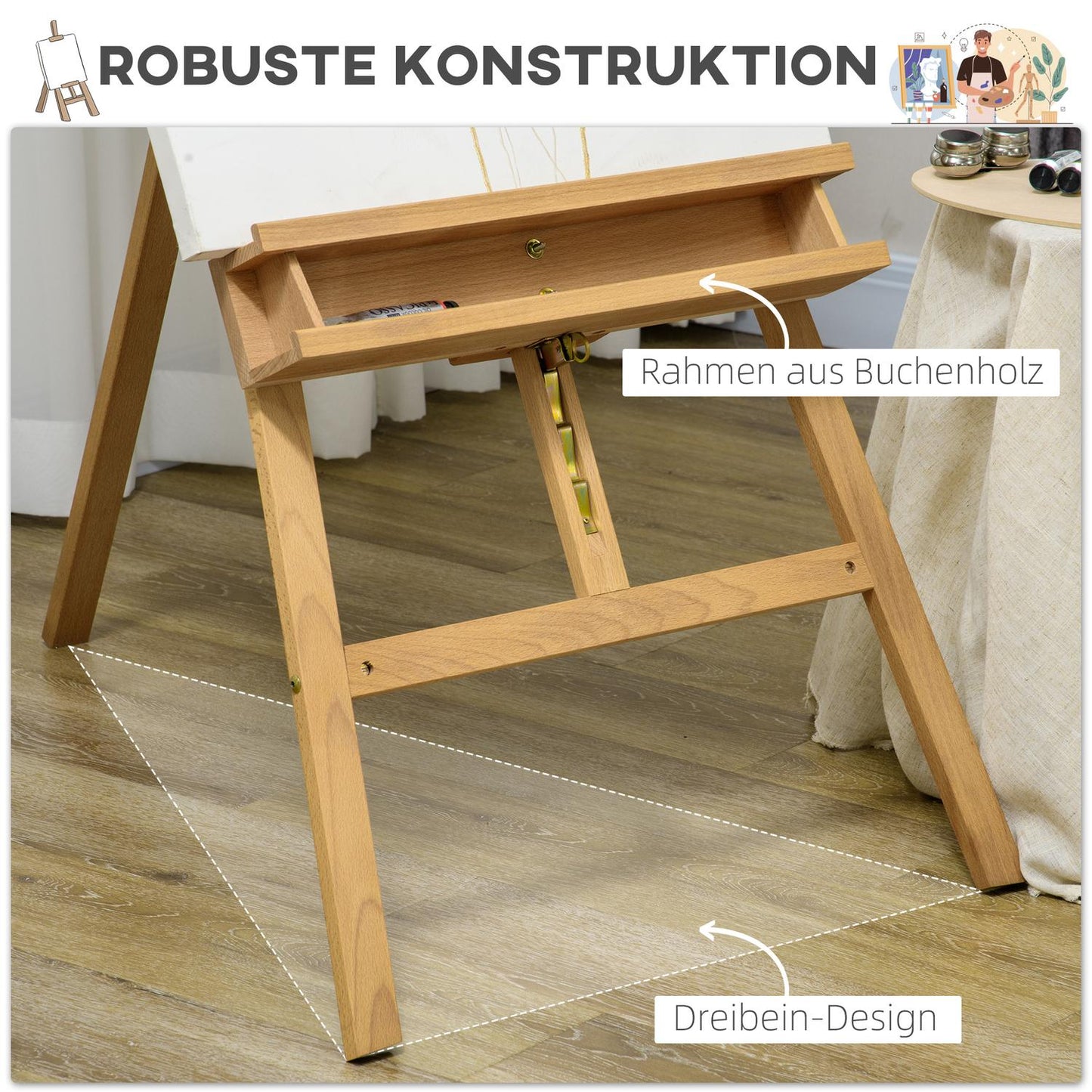 Adjustable wooden easel 180-235 cm with shelf and canvas holder
