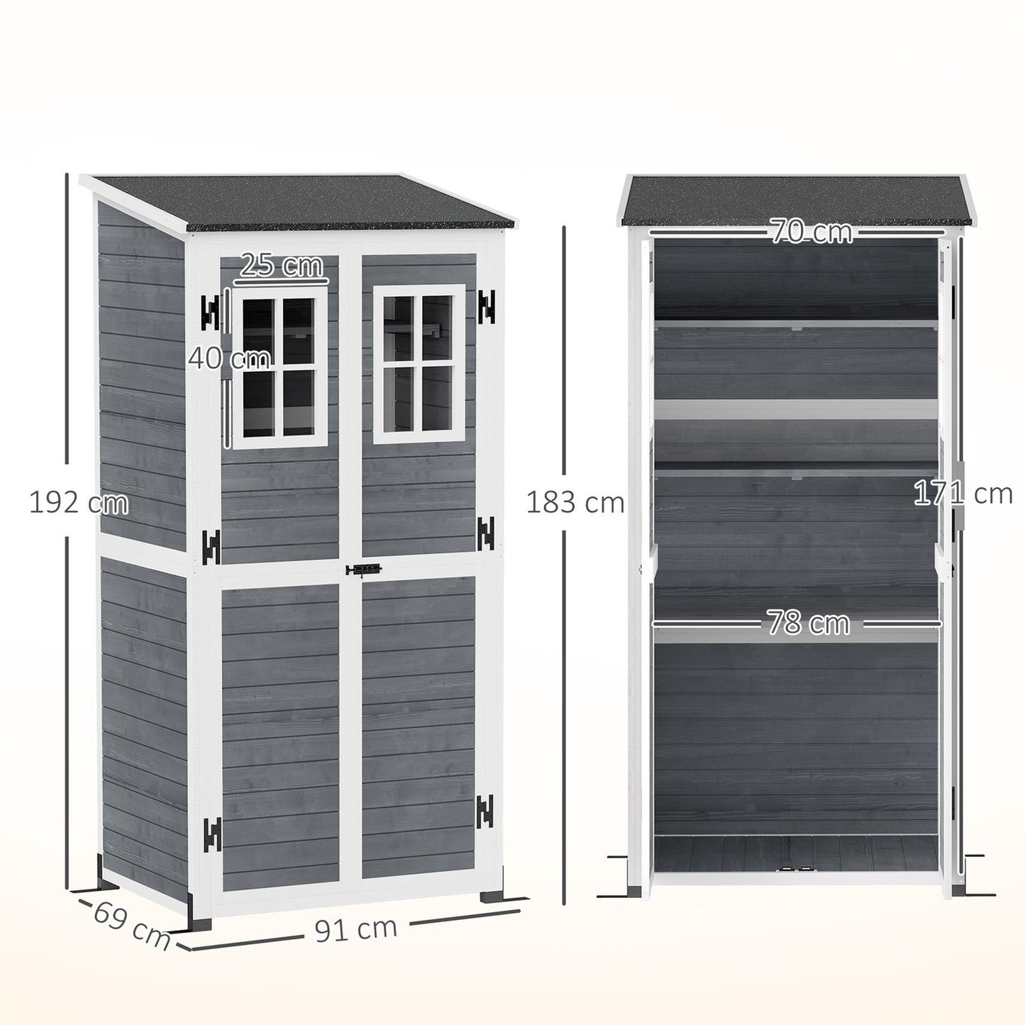 Wooden garden tool shed, weatherproof, lockable, 91x69x192cm