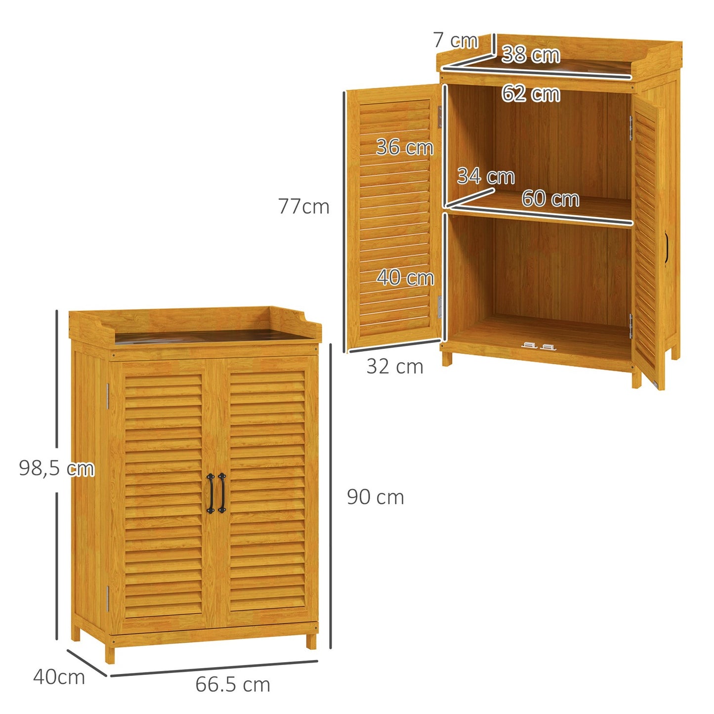 Yellow wooden garden tool shed with shelves, weatherproof