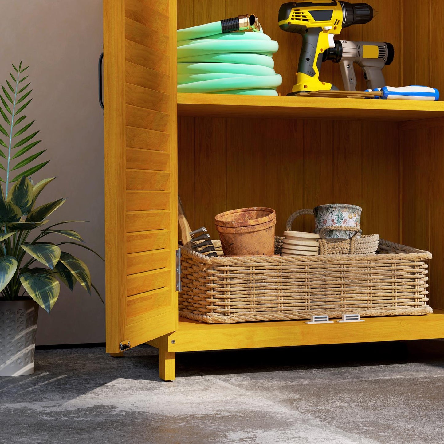 Yellow wooden garden tool shed with shelves, weatherproof