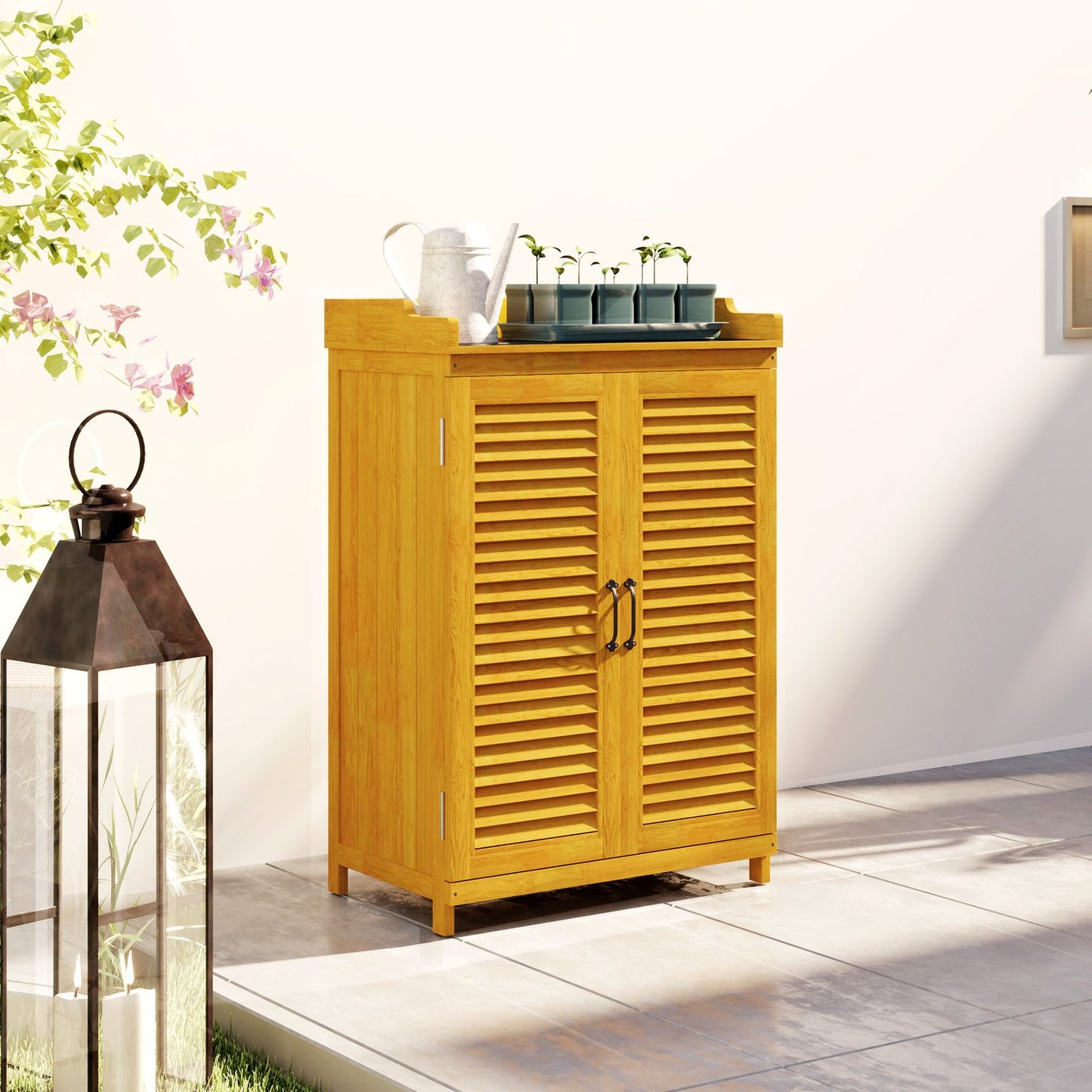 Yellow wooden garden tool shed with shelves, weatherproof