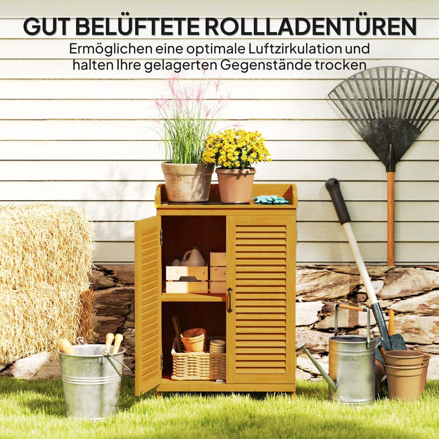 Yellow wooden garden tool shed with shelves, weatherproof