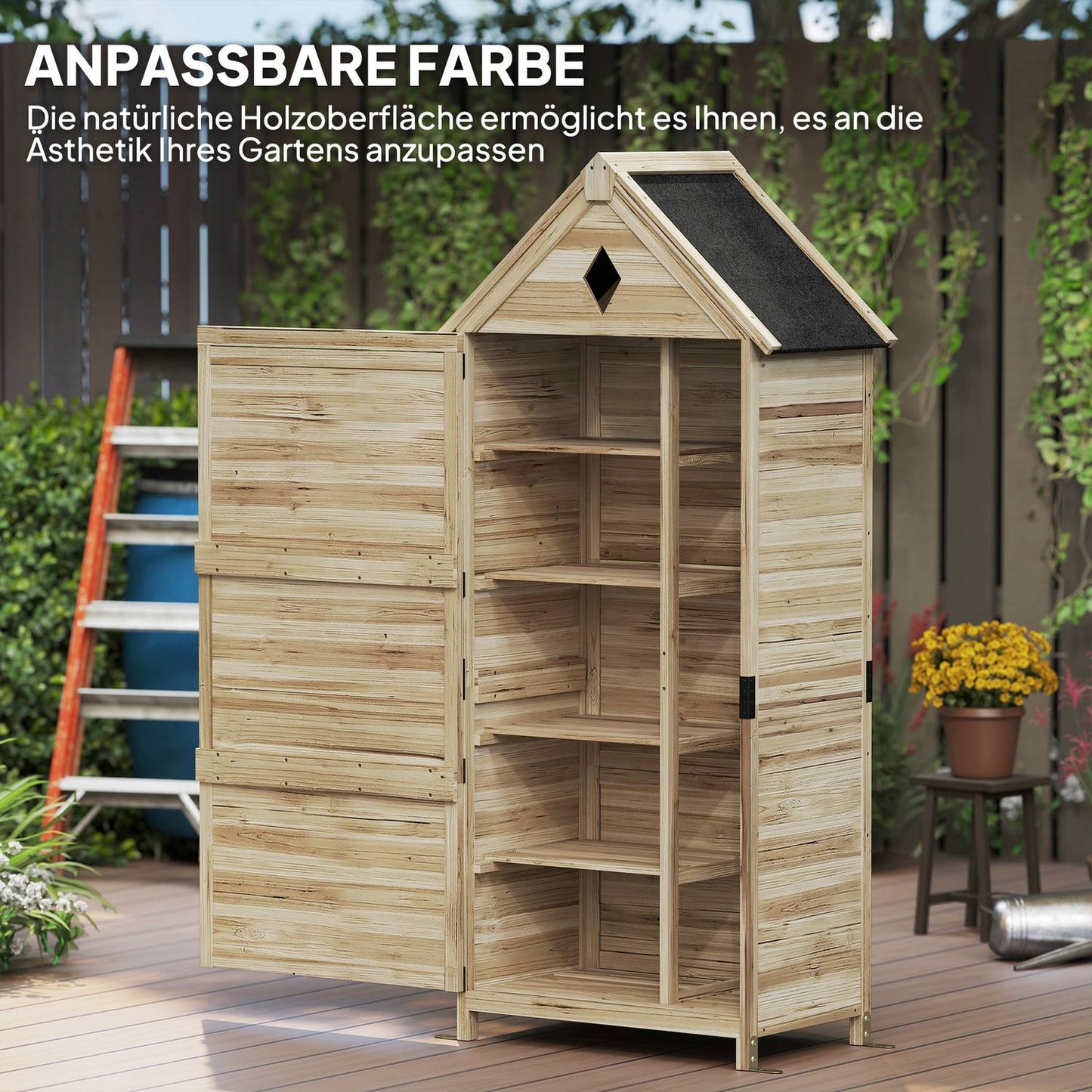 Waterproof Garden tool shed in wood, Asphalt roof, 80x49x170 cm