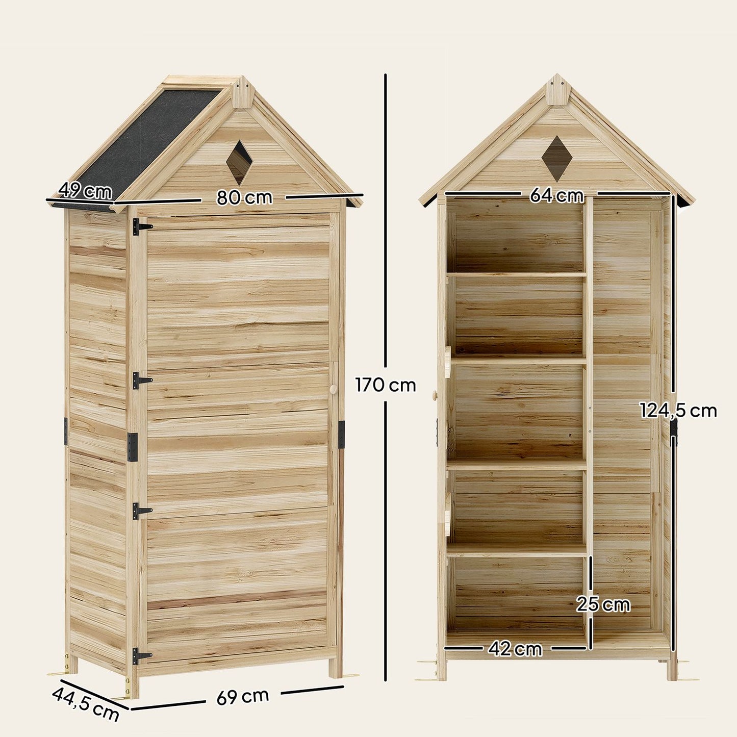 Waterproof Garden tool shed in wood, Asphalt roof, 80x49x170 cm
