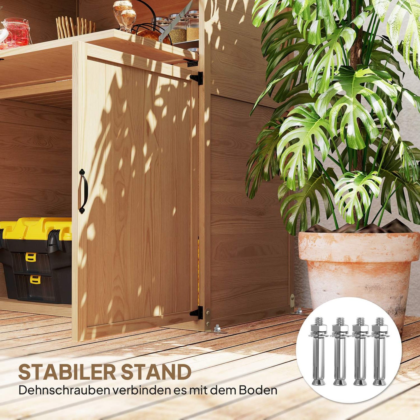 Wooden tool shed with folding shelf, weather resistant, natural wood