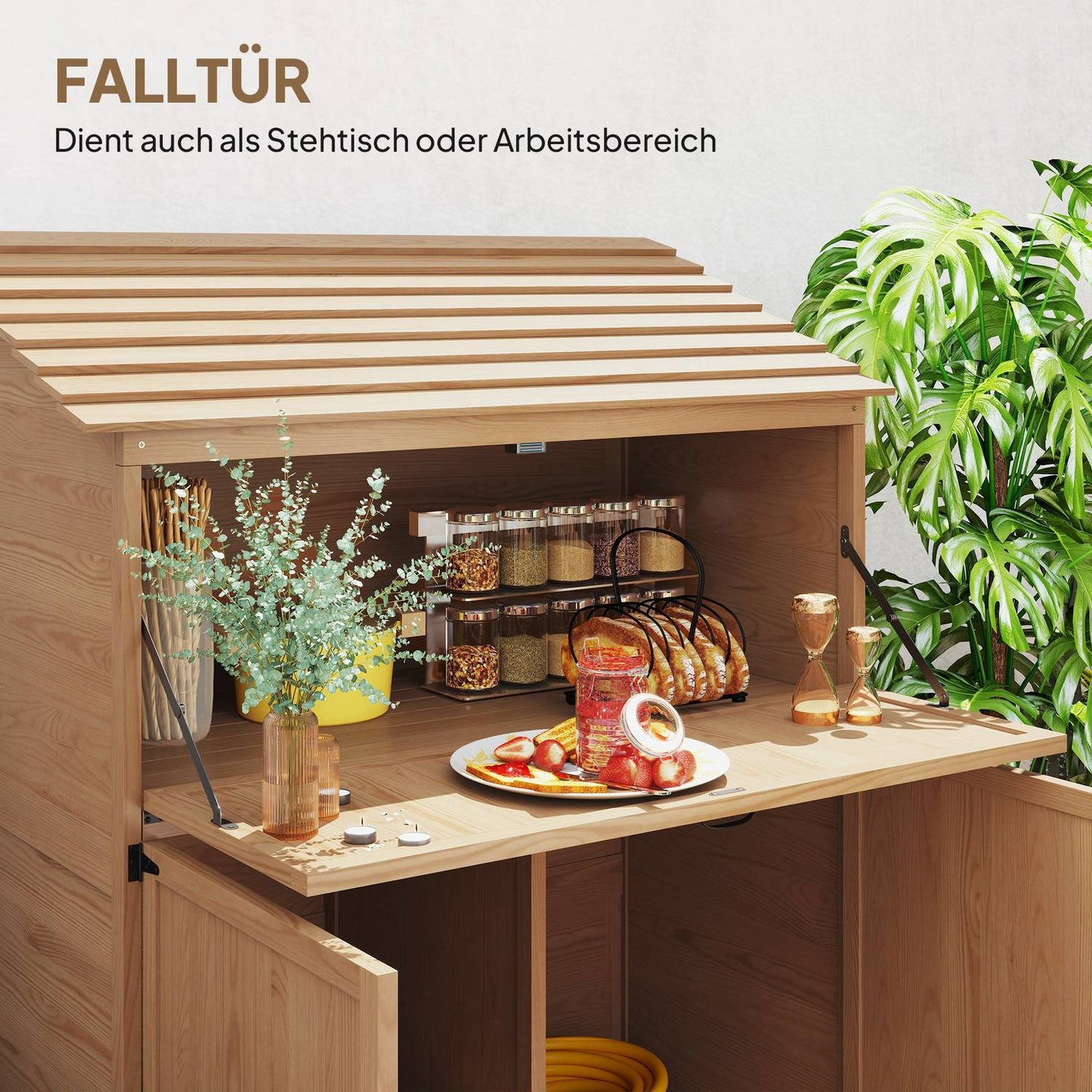 Wooden tool shed with folding shelf, weather resistant, natural wood