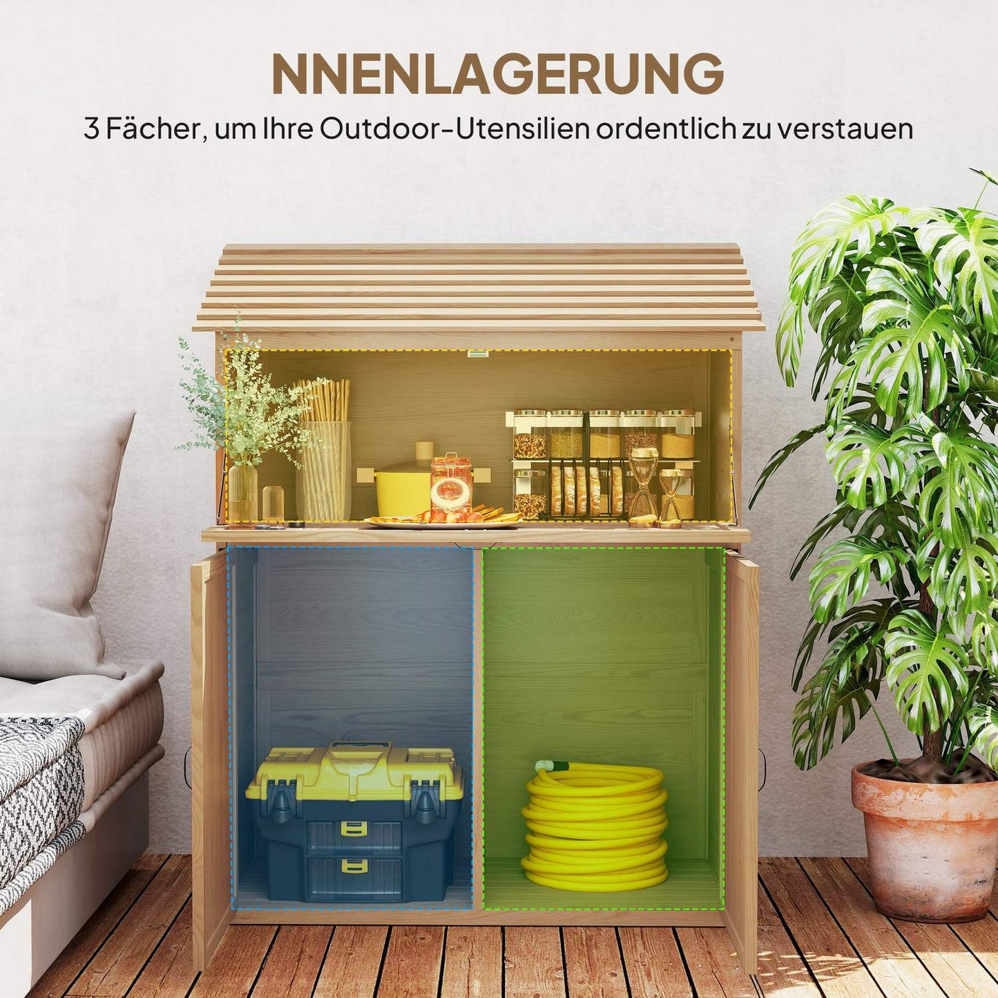 Wooden tool shed with folding shelf, weather resistant, natural wood