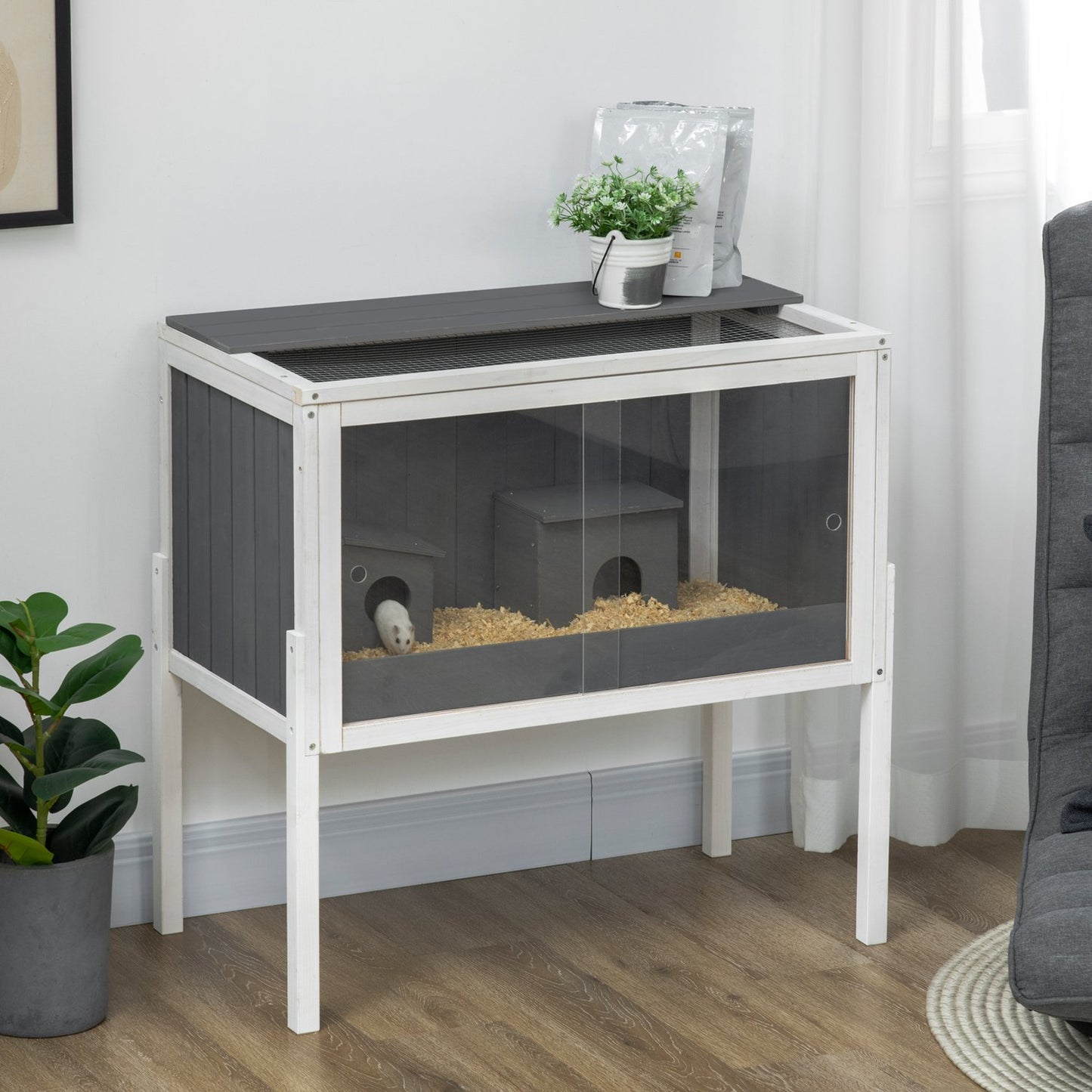 Dwarf hamster cage in wood with huts and accessories, 82cm