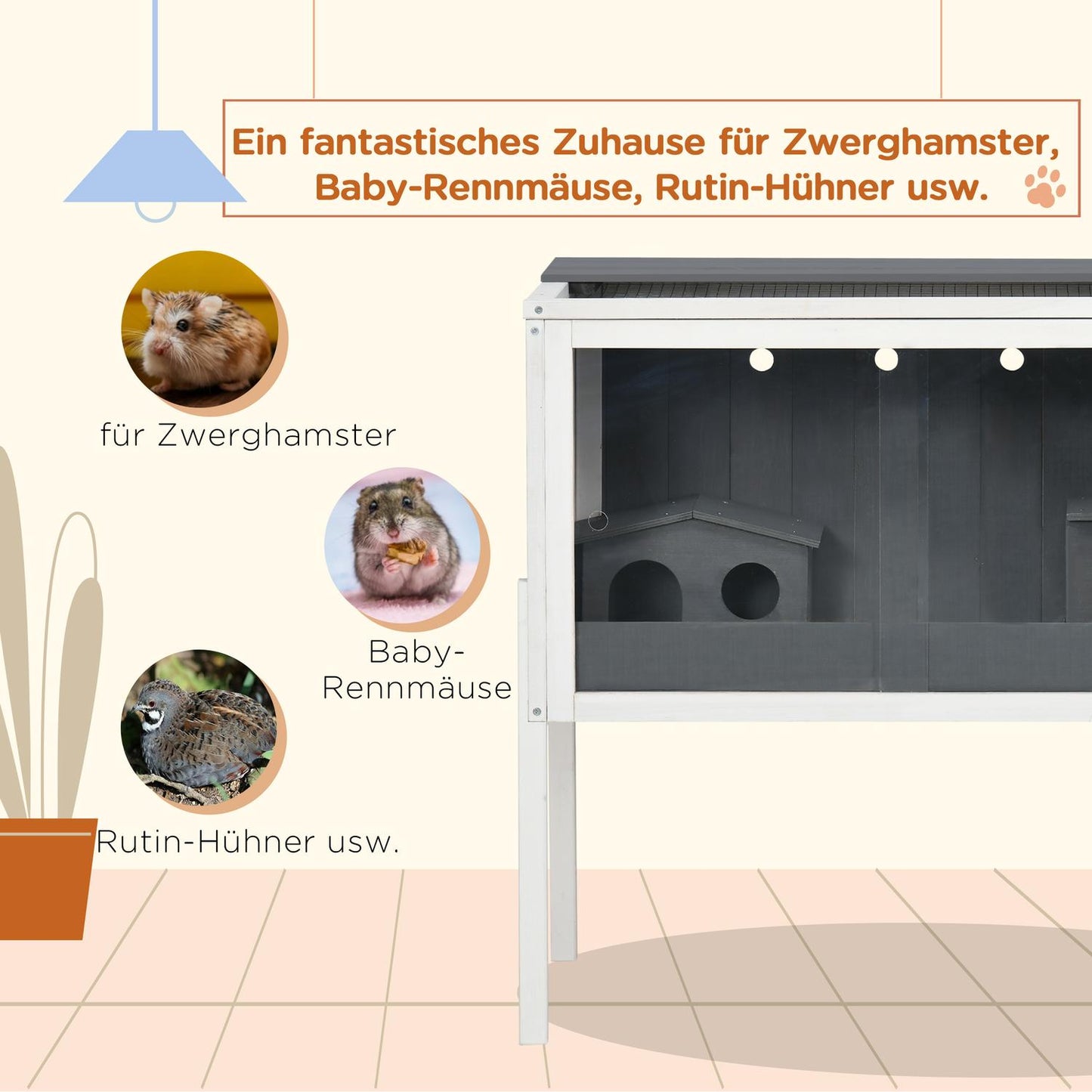 Dwarf hamster cage in wood with huts and accessories, 82cm