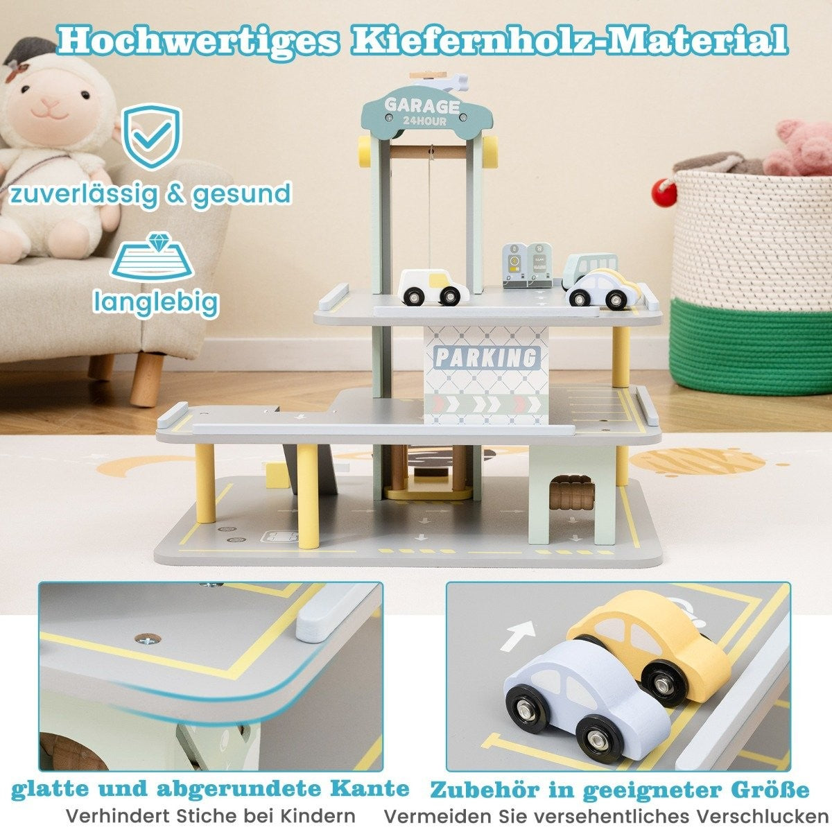Wooden parking garage with 3 floors & 4 cars & elevator parking garage car garage toy for children from 3 years.