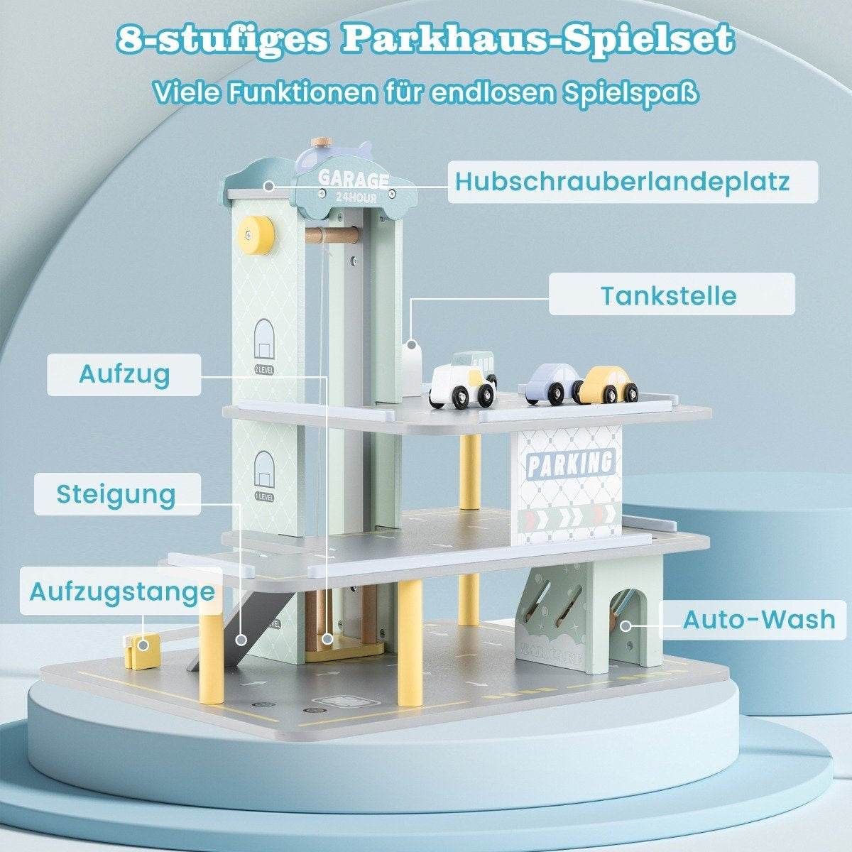 Wooden parking garage with 3 floors & 4 cars & elevator parking garage car garage toy for children from 3 years.