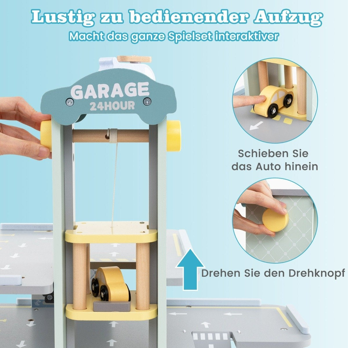 Wooden parking garage with 3 floors & 4 cars & elevator parking garage car garage toy for children from 3 years.