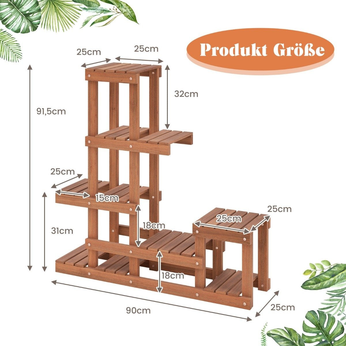 Wooden plant shelf with 6 levels flower shelf flower stand flower stairs 90 x 25 x 91.5 cm