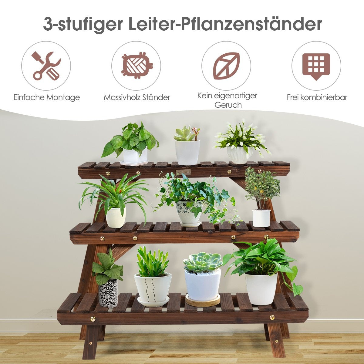 Wooden plant stand 3-tier corner plant shelf 3-piece. Brown flower stand