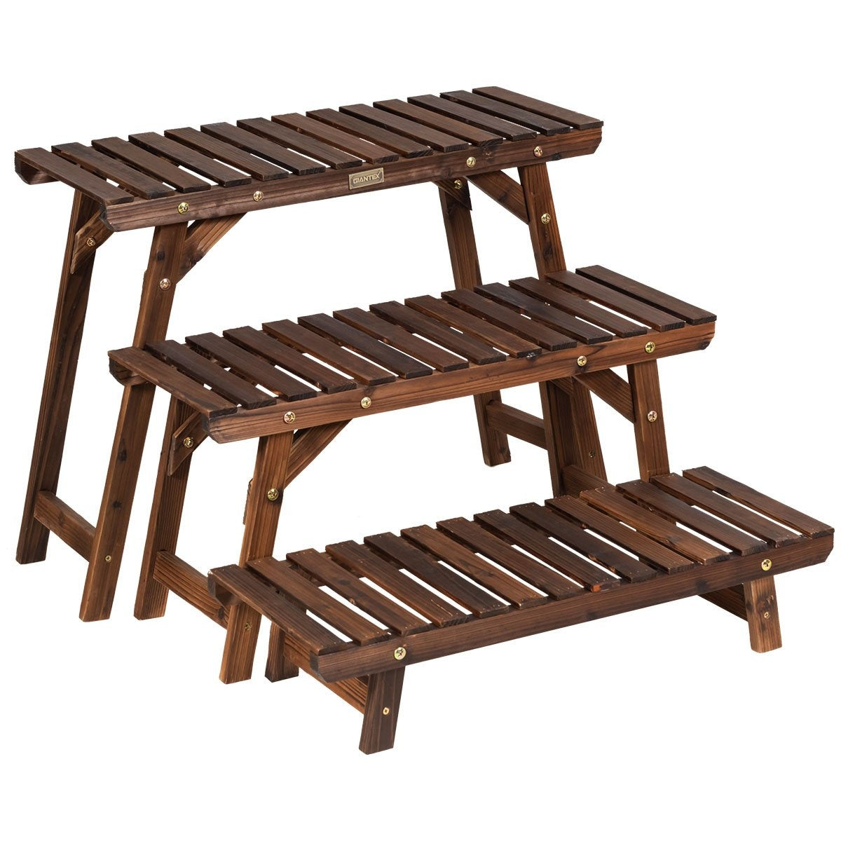 Wooden plant stand 3-tier corner plant shelf 3-piece. Brown flower stand