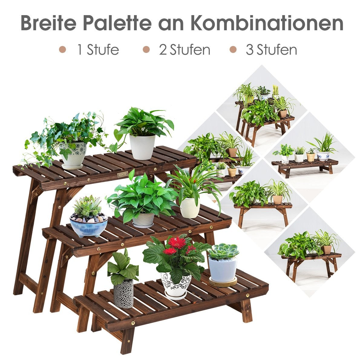 Wooden plant stand 3-tier corner plant shelf 3-piece. Brown flower stand