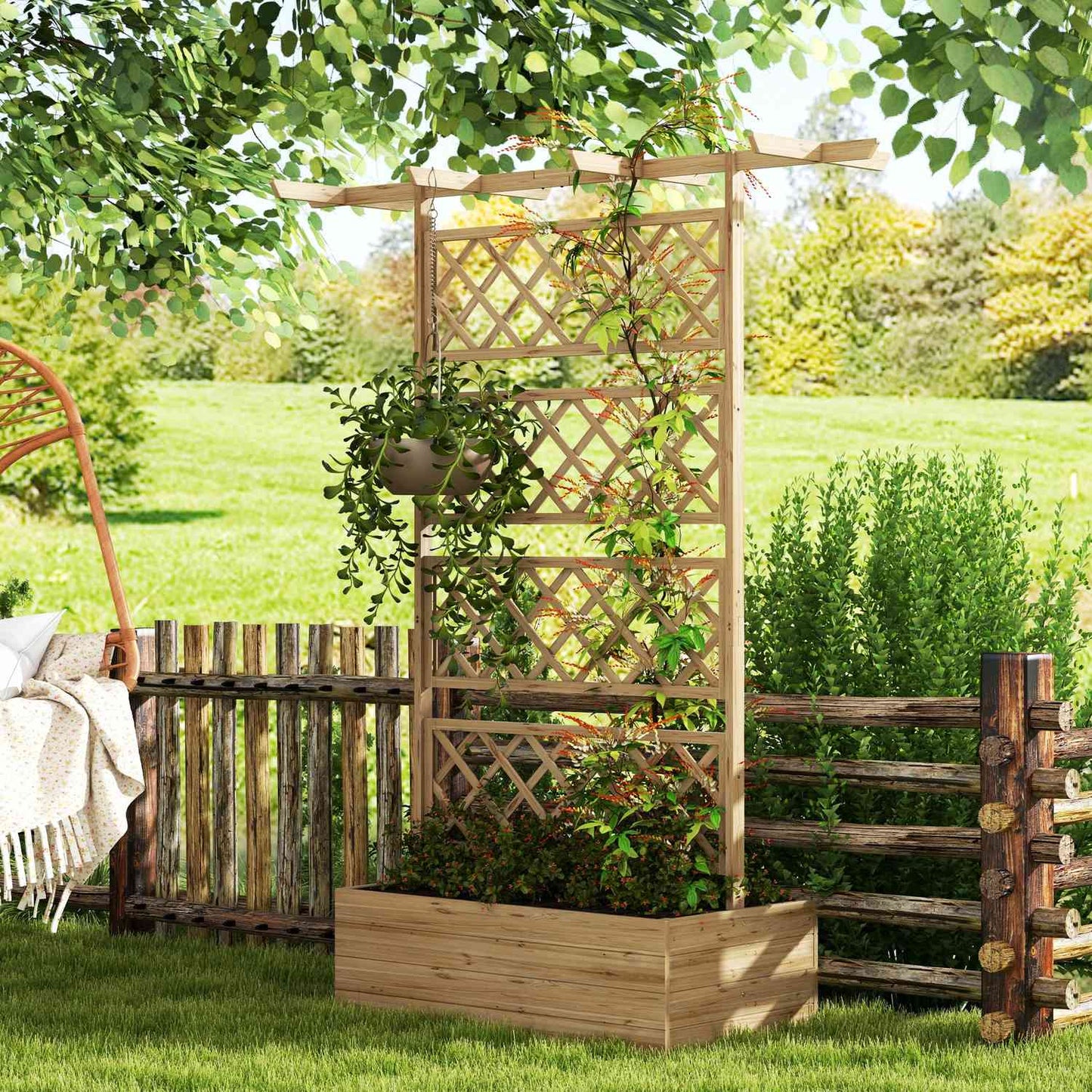 Raised wooden garden bed with roof and trellis, 160 x 55 x 183 cm