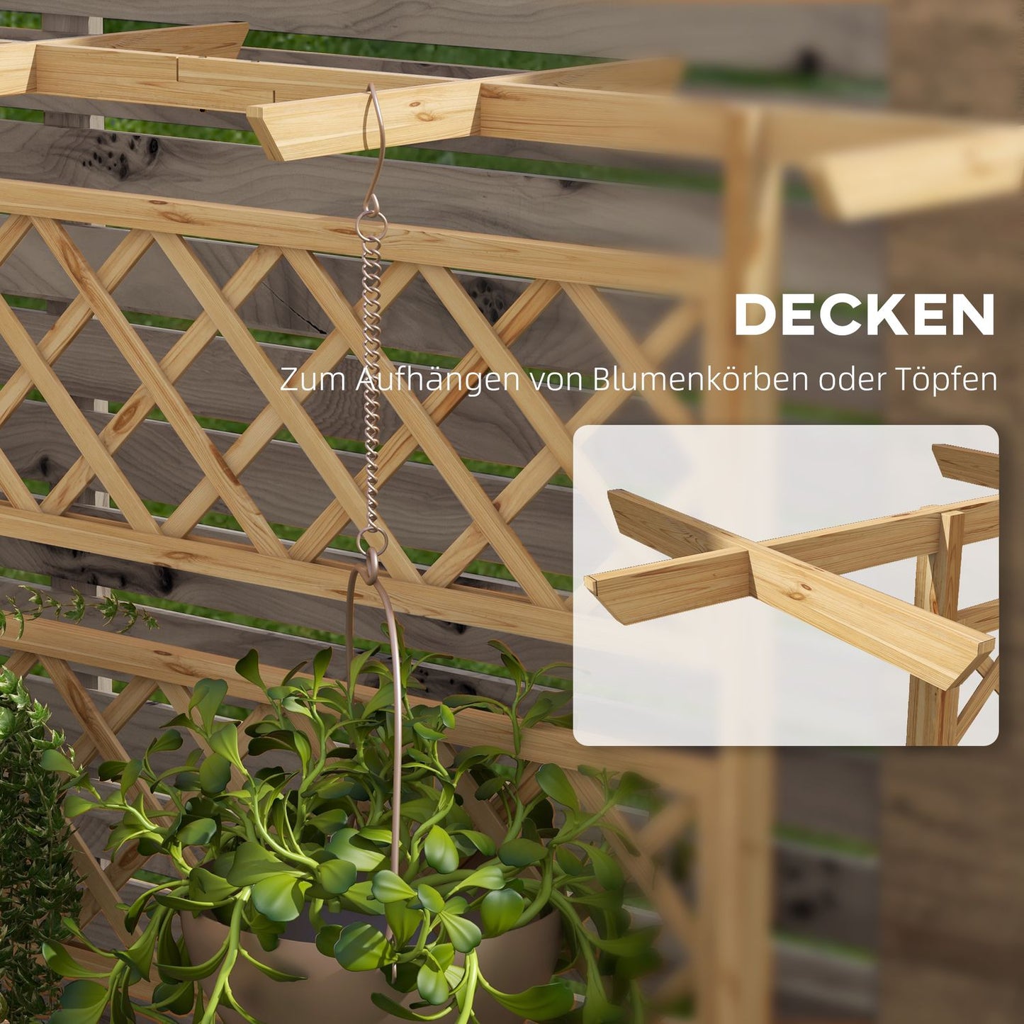 Raised wooden garden bed with roof and trellis, 160 x 55 x 183 cm
