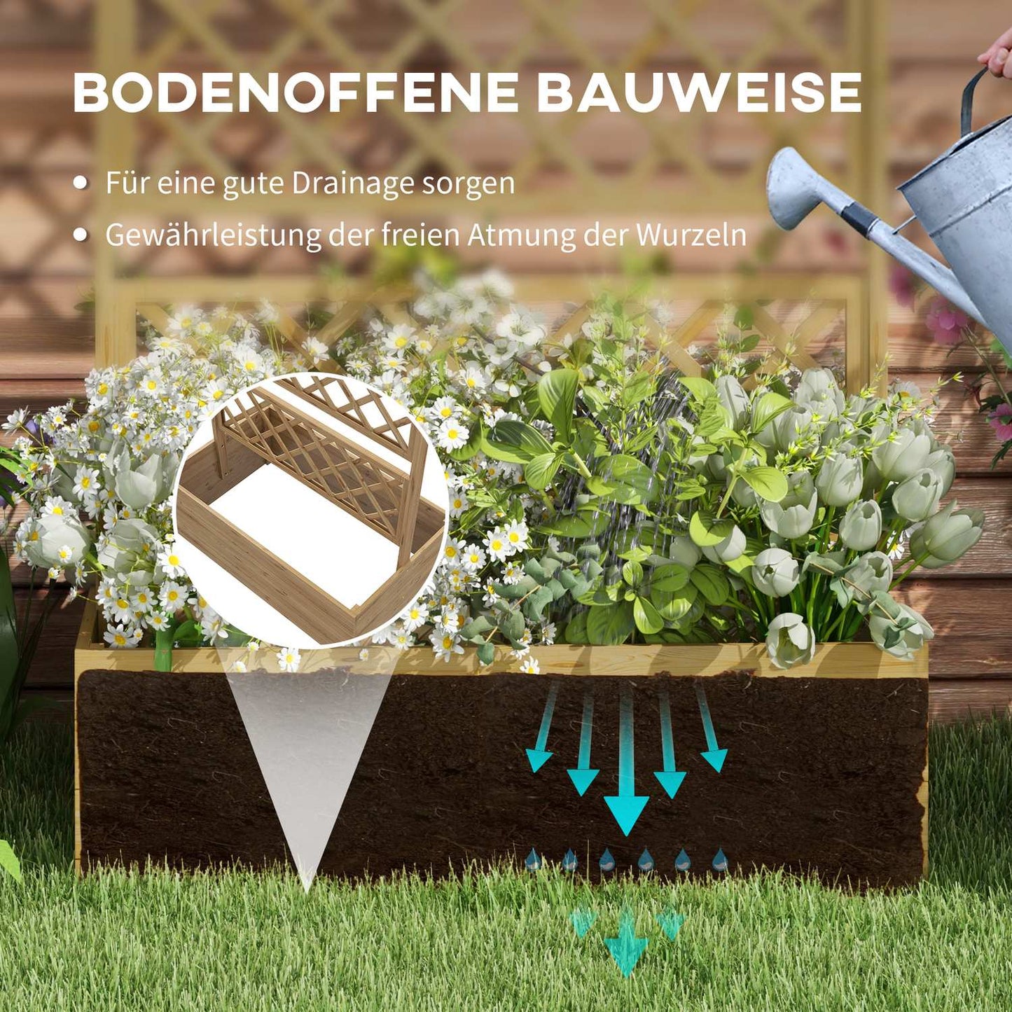 Raised wooden garden bed with roof and trellis, 160 x 55 x 183 cm