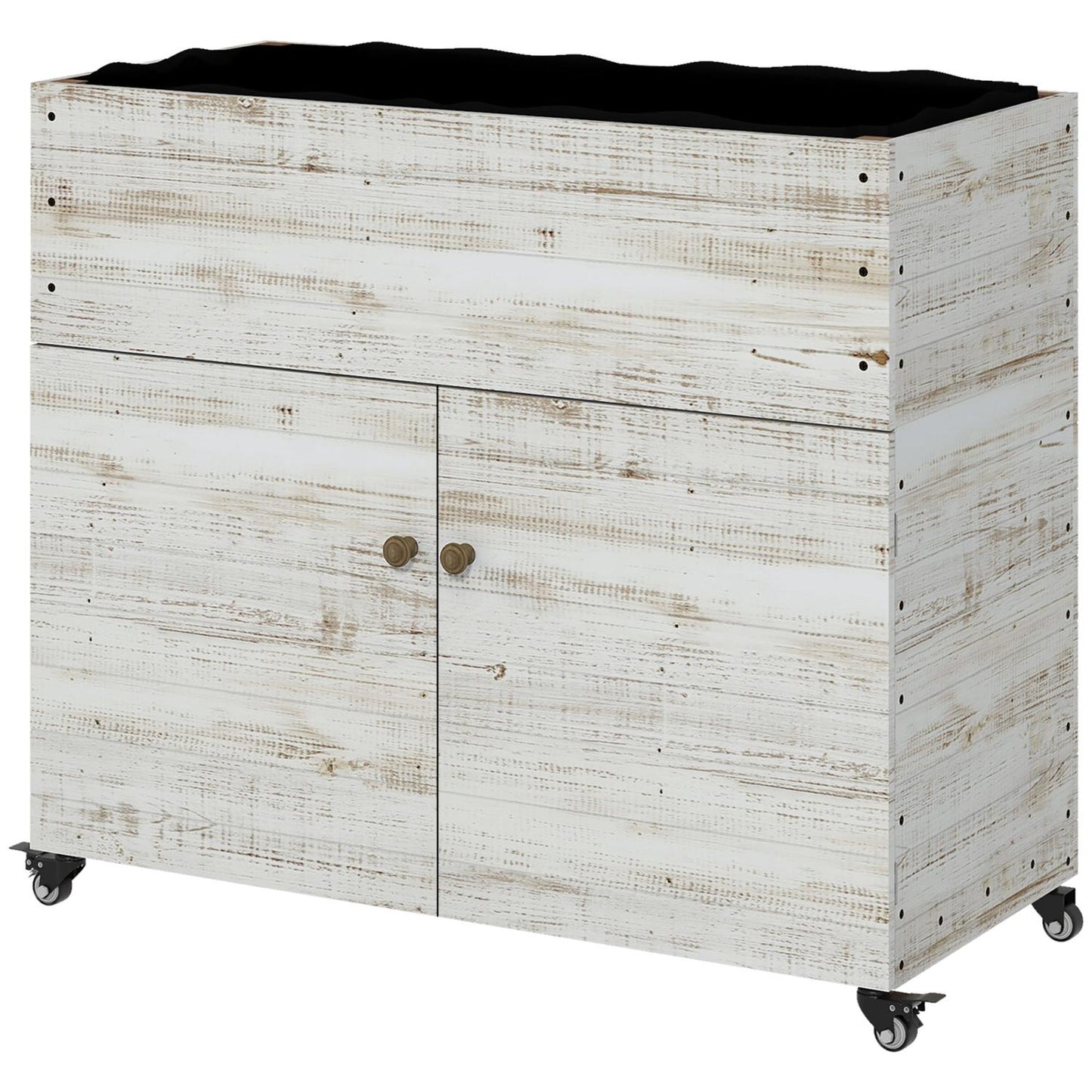 Wooden planter box with wheels and storage, 110x50x95 cm
