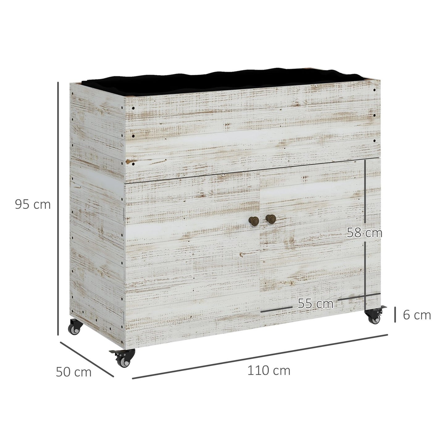 Wooden planter box with wheels and storage, 110x50x95 cm