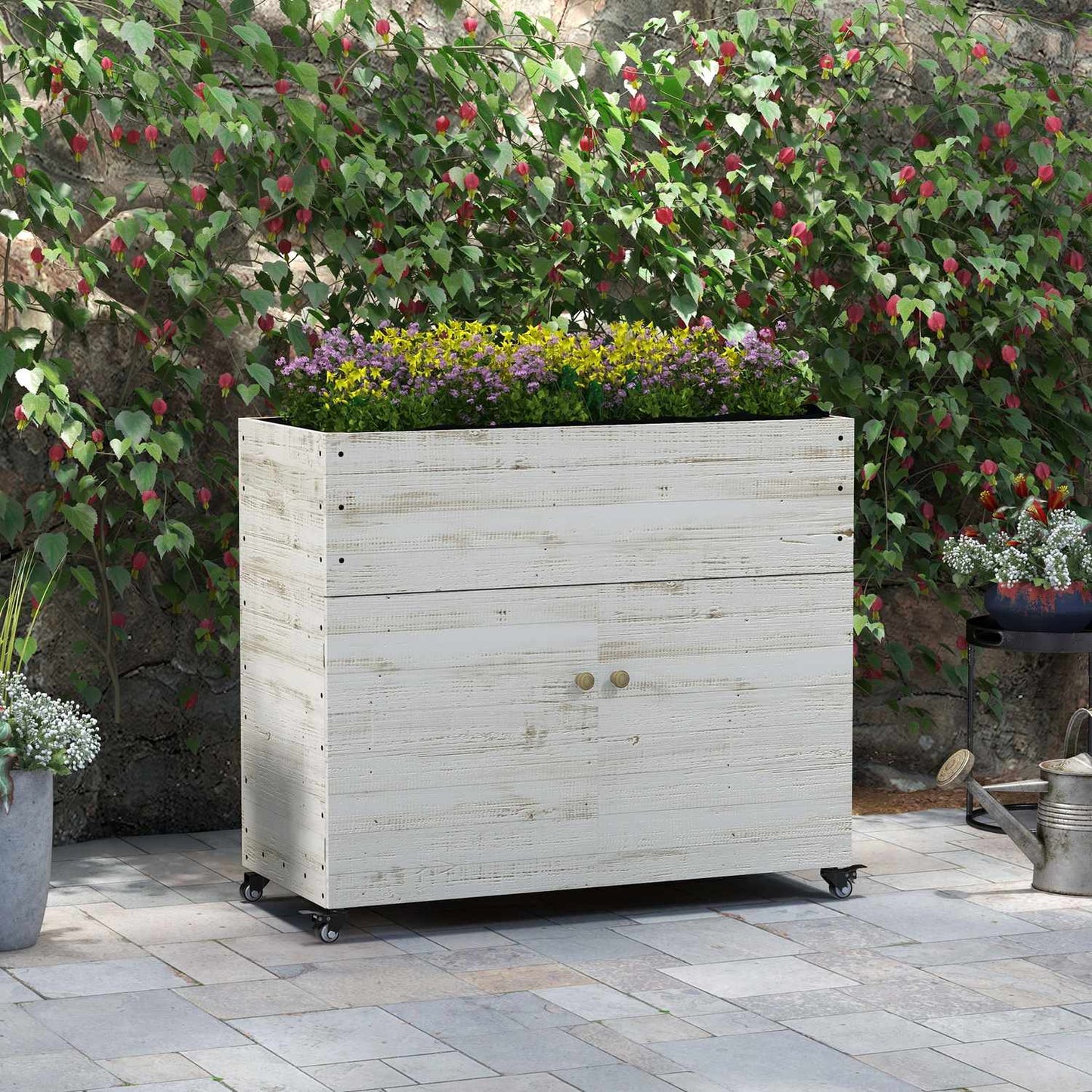 Wooden planter box with wheels and storage, 110x50x95 cm