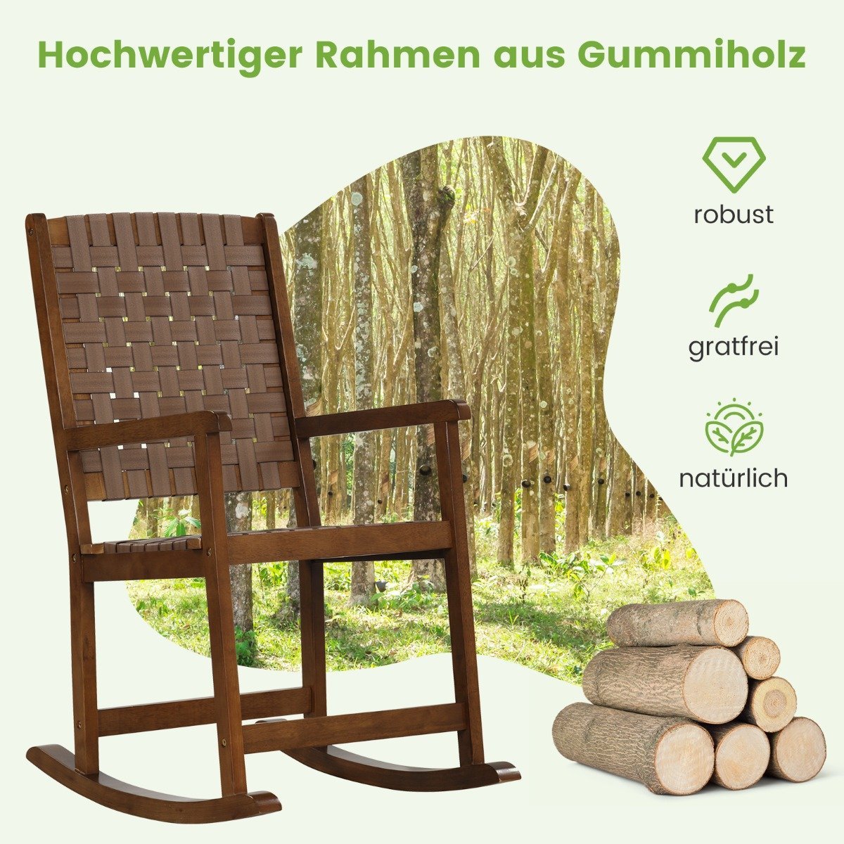 Wooden rocking chair with armrest & faux leather mesh & rubber tree frame brown
