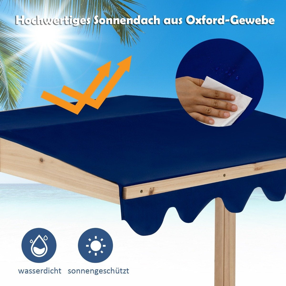 Wooden sandpit with height-adjustable canopy and protective corners play station