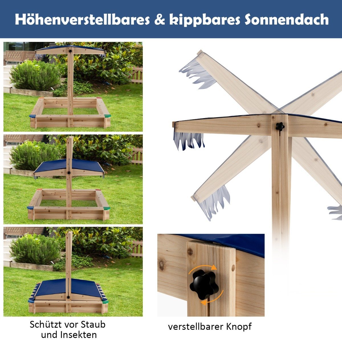 Wooden sandpit with height-adjustable canopy and protective corners play station