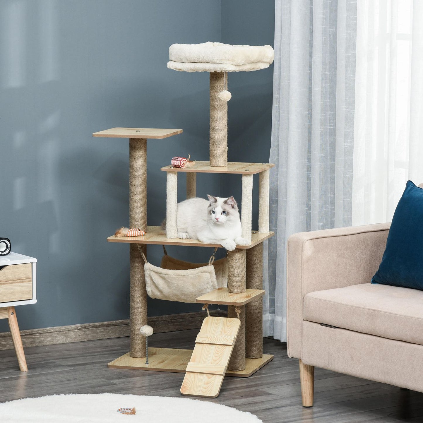 Yellow cat tree - scratching post with cave and toys, 60x40x130 cm