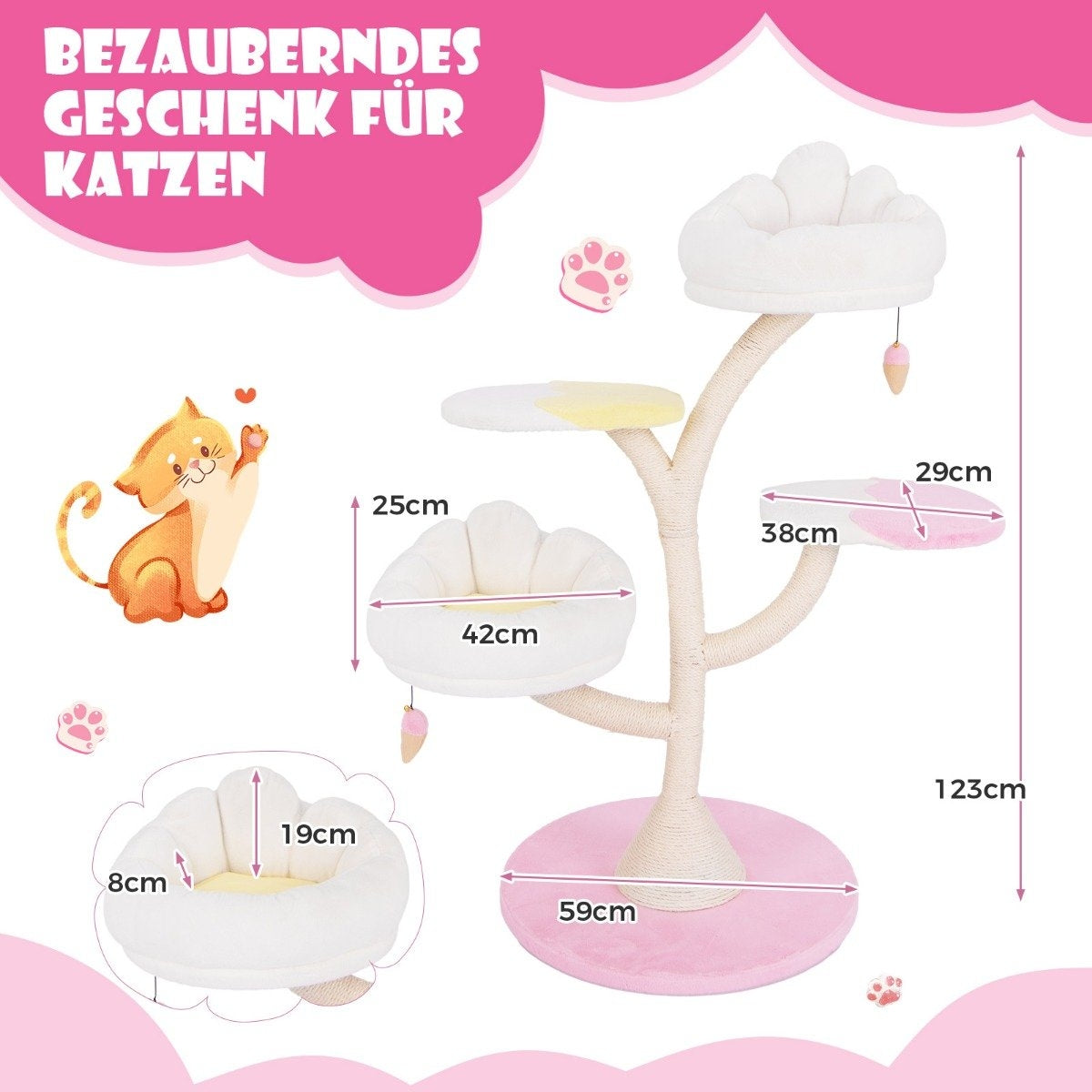 Wooden scratching post, cute cat tree with 2 lying areas & 2 platforms & play ball & sisal posts white + pink