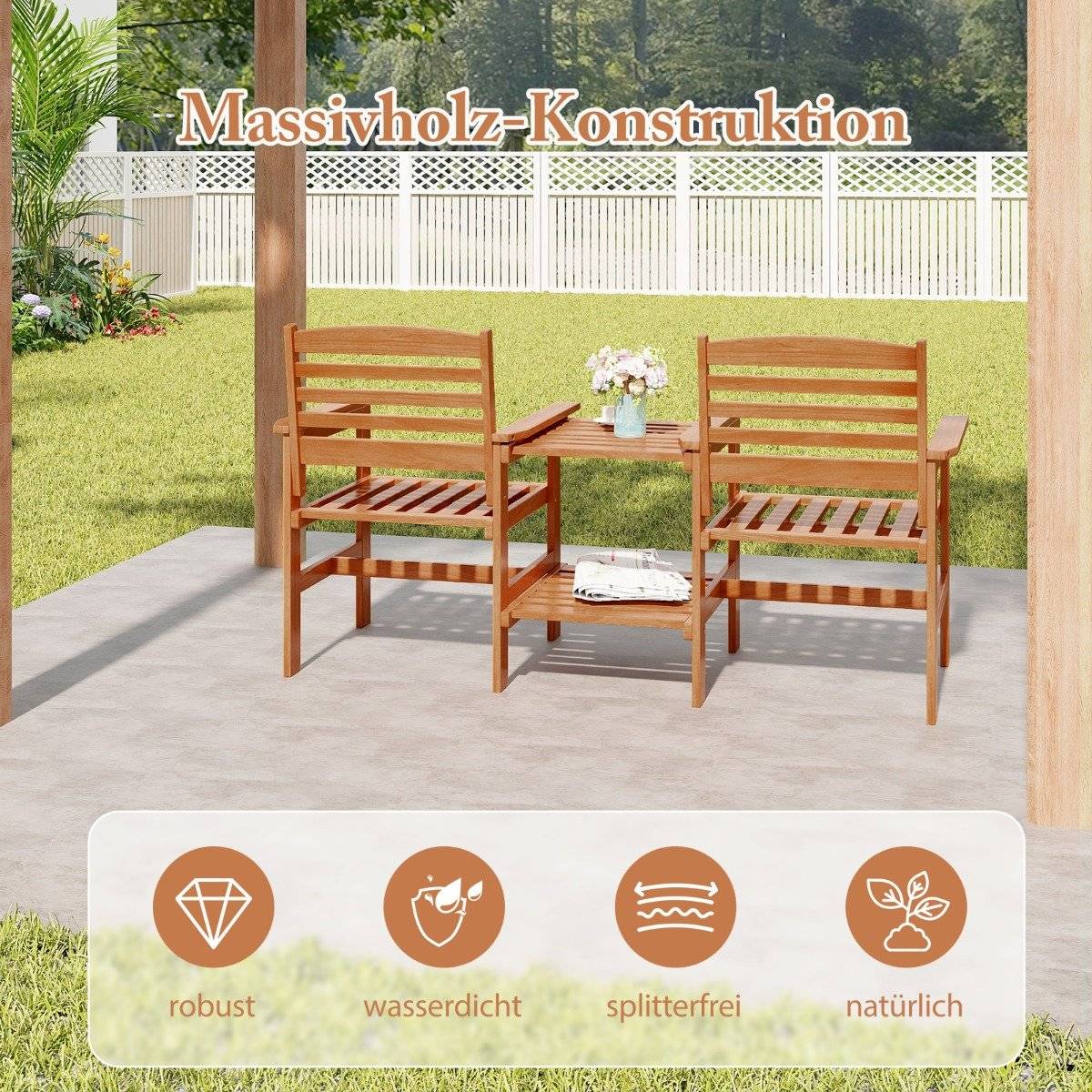 Wooden seating set with coffee table and umbrella hole. Weatherproof garden furniture set for the terrace