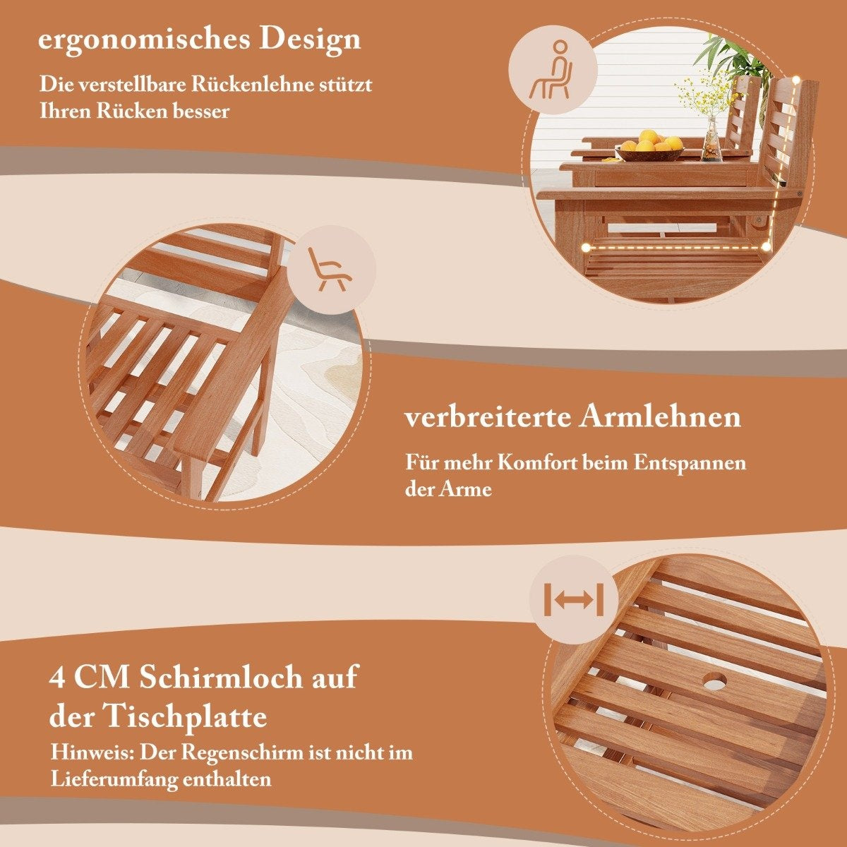 Wooden seating set with coffee table and umbrella hole. Weatherproof garden furniture set for the terrace