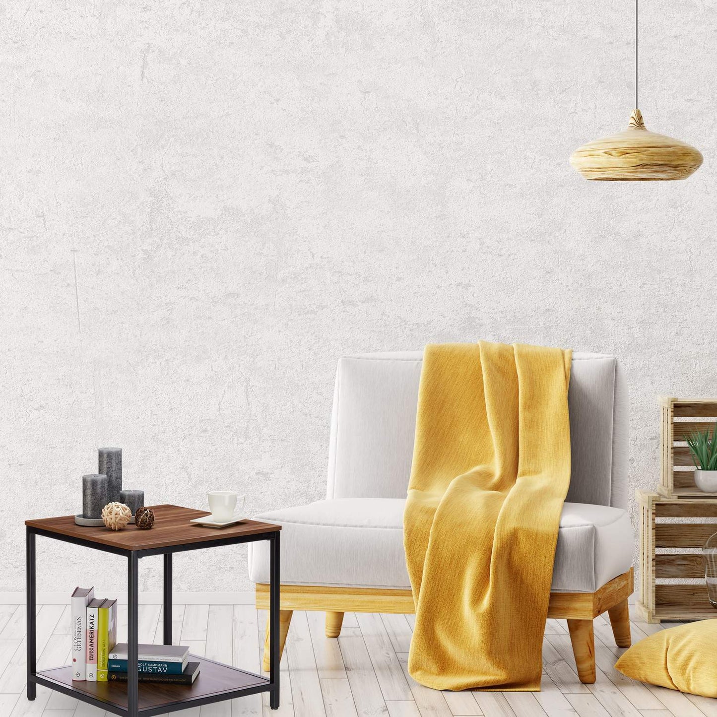 Wooden side table with metal base