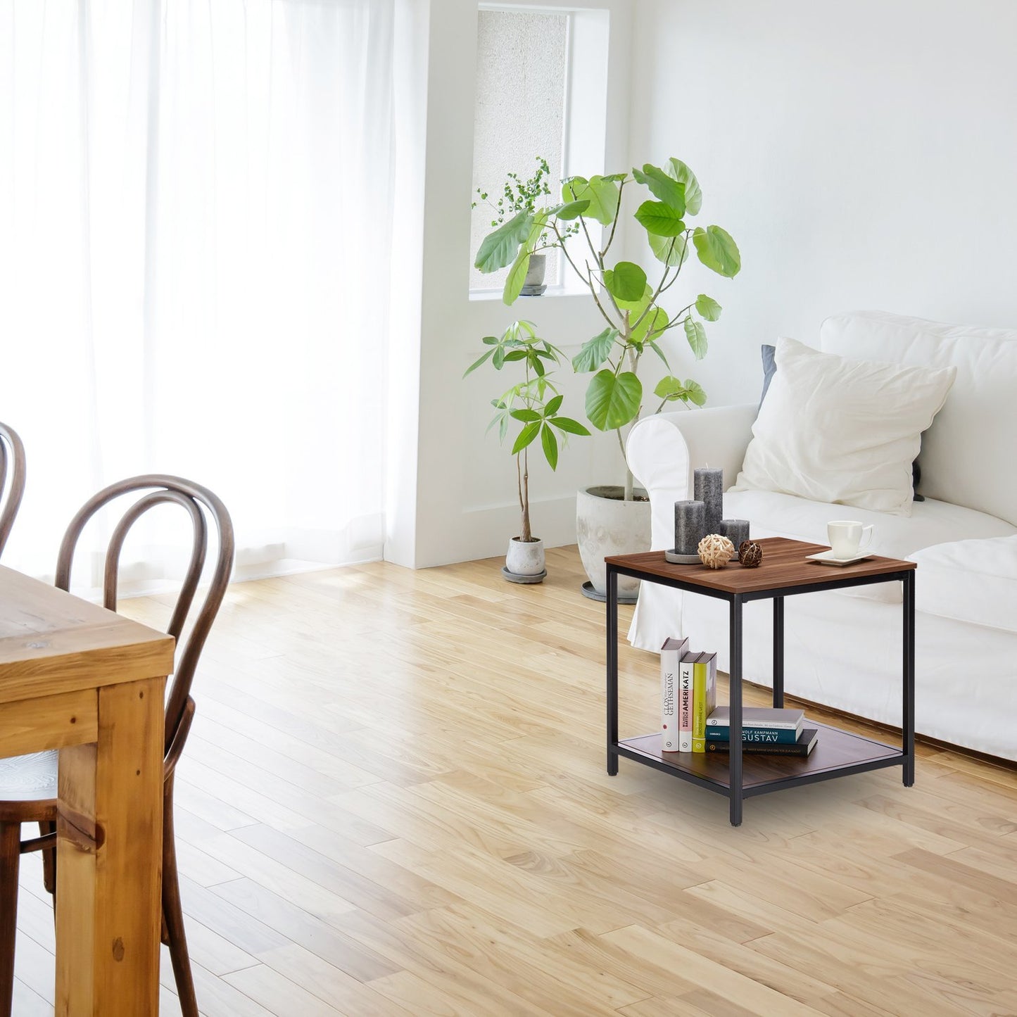 Wooden side table with metal base