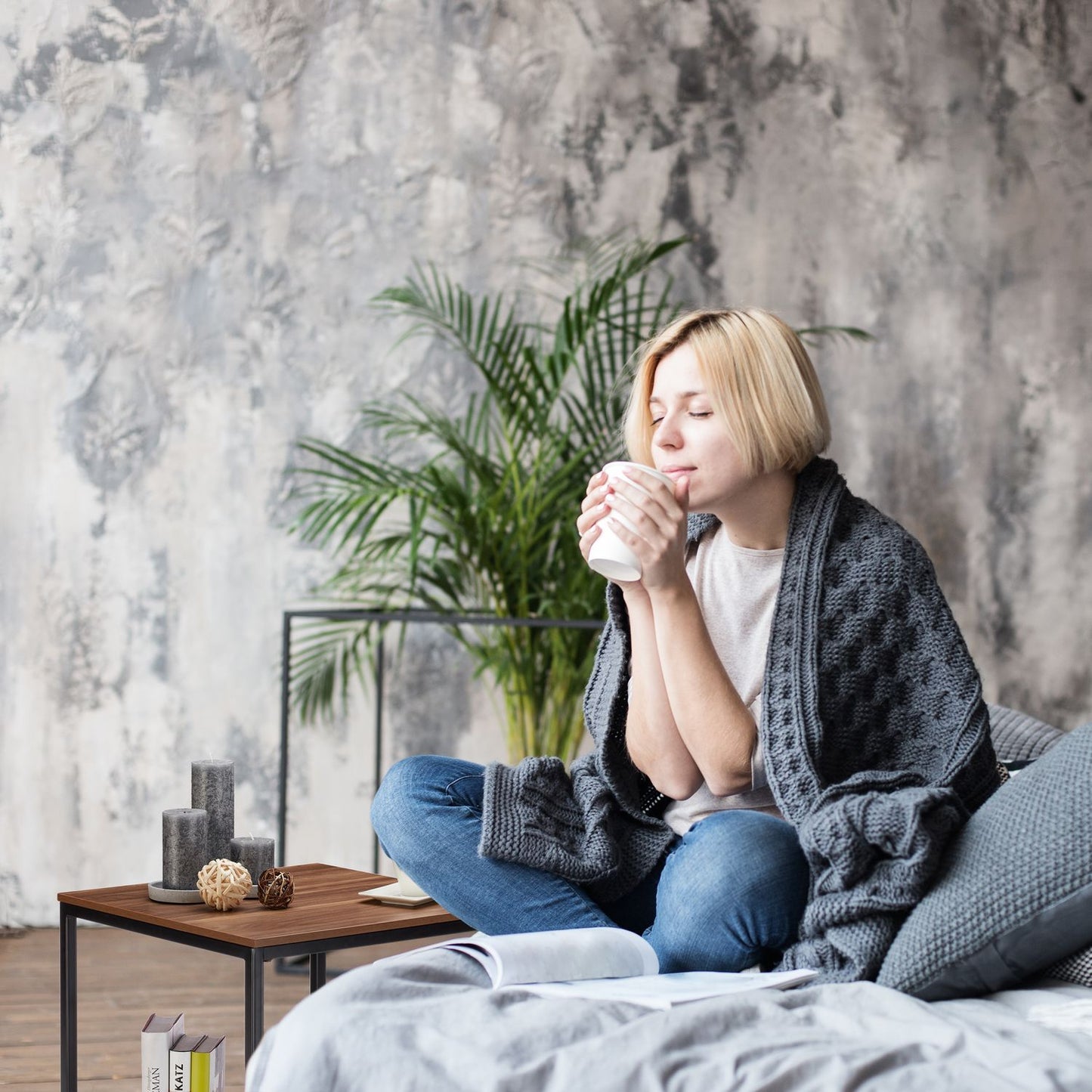 Wooden side table with metal base