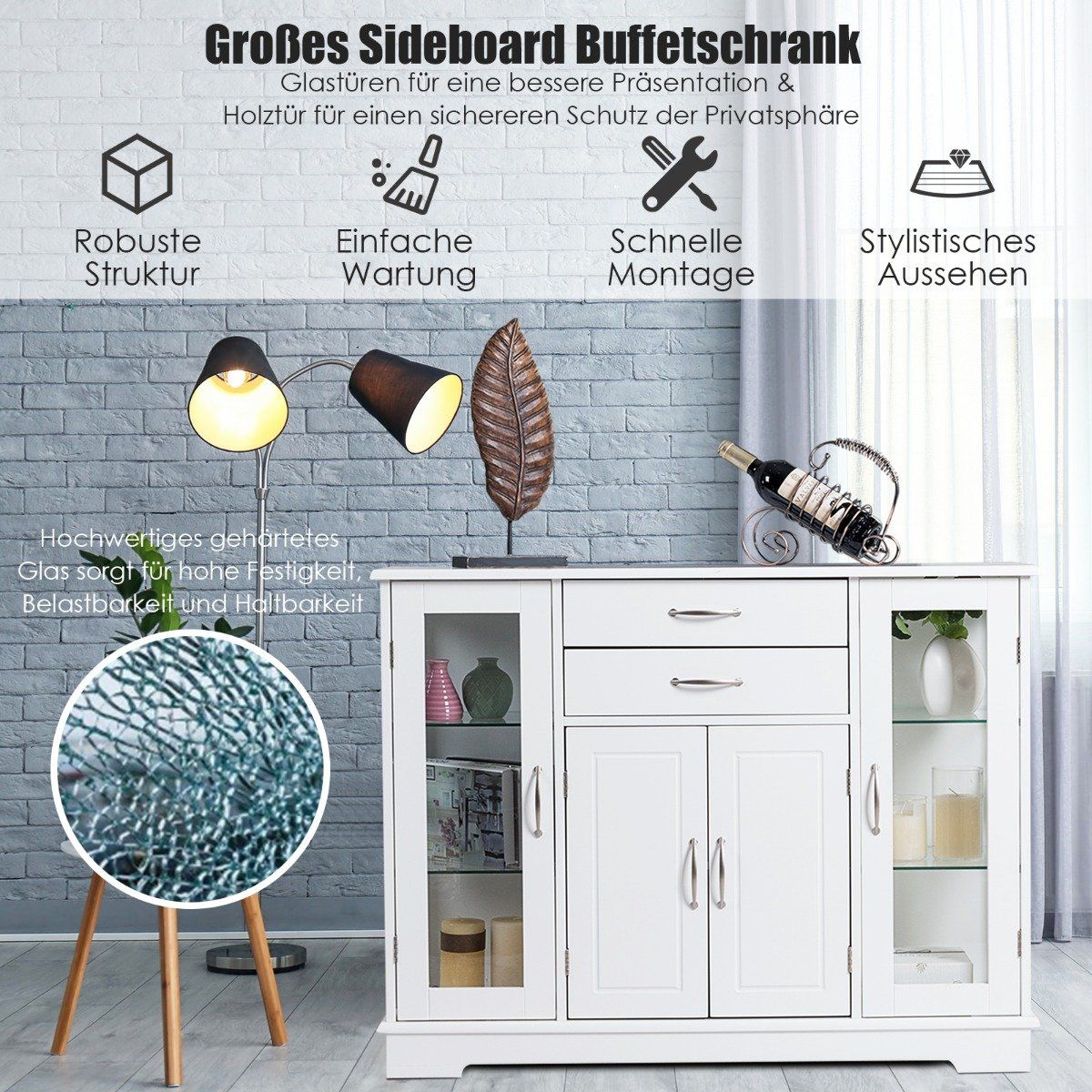 Wooden storage cabinet with tempered glass doors and drawers White
