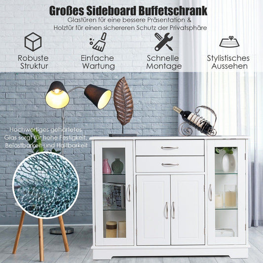 Wooden storage cabinet with tempered glass doors and drawers White