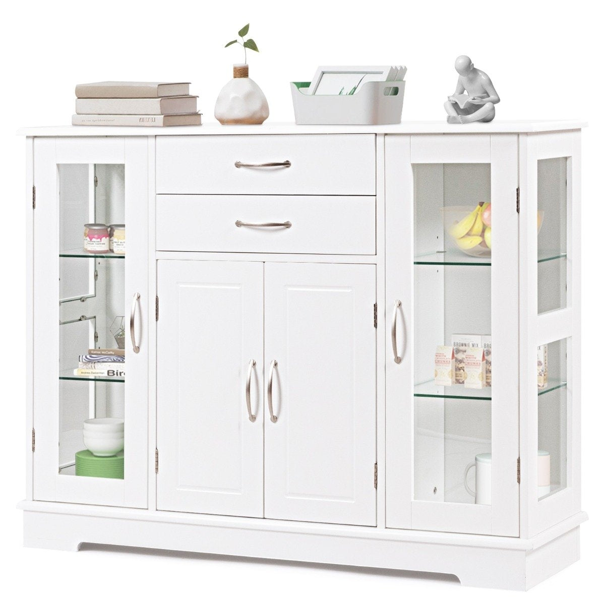 Wooden storage cabinet with tempered glass doors and drawers White