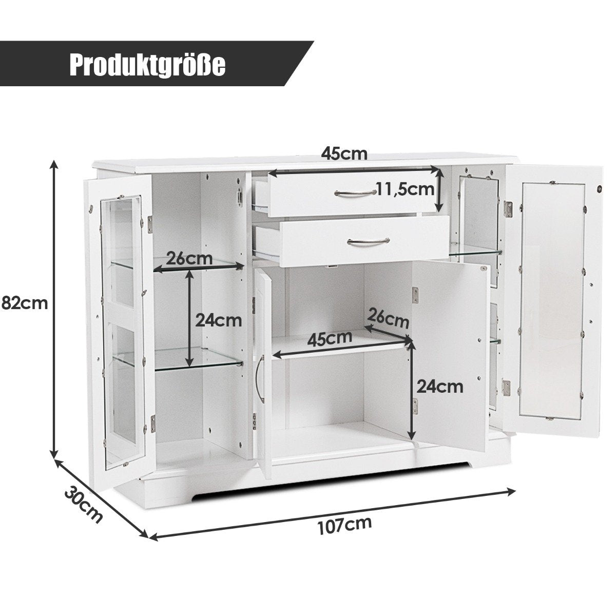 Wooden storage cabinet with tempered glass doors and drawers White