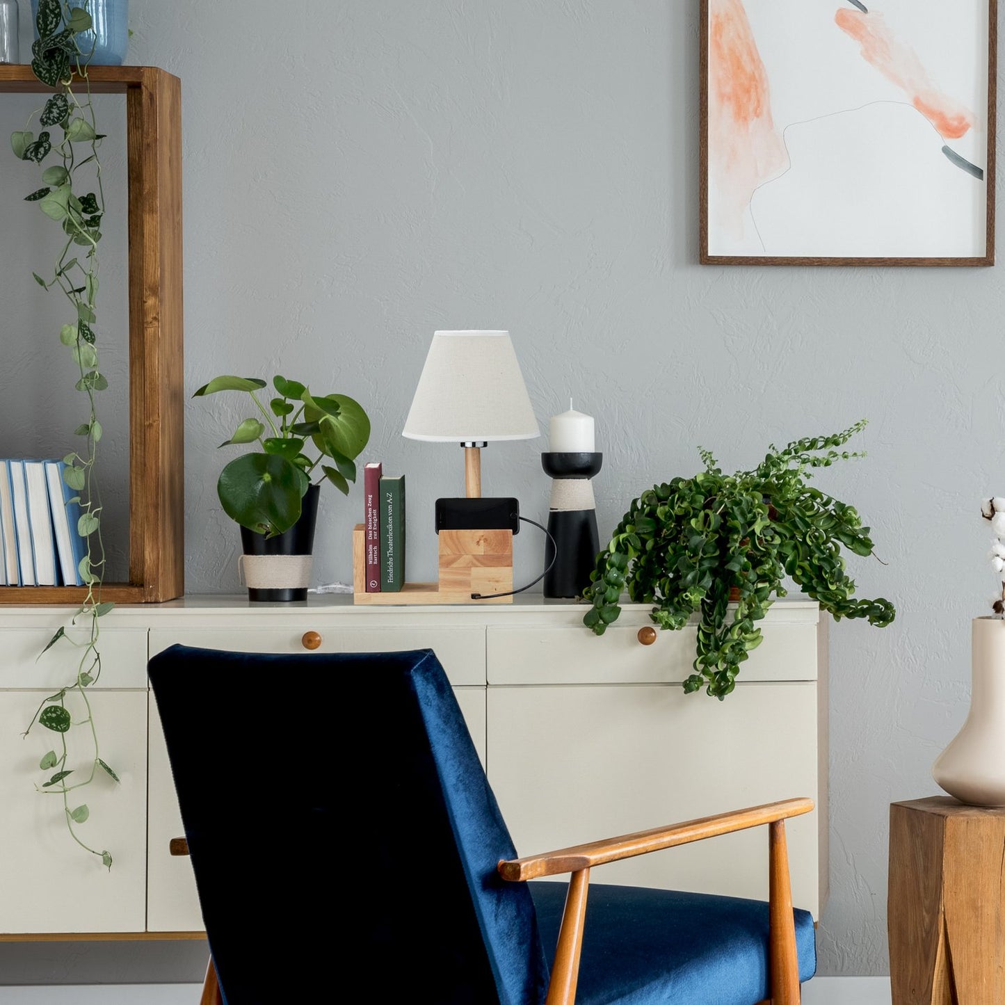 Wooden table lamp with USB socket