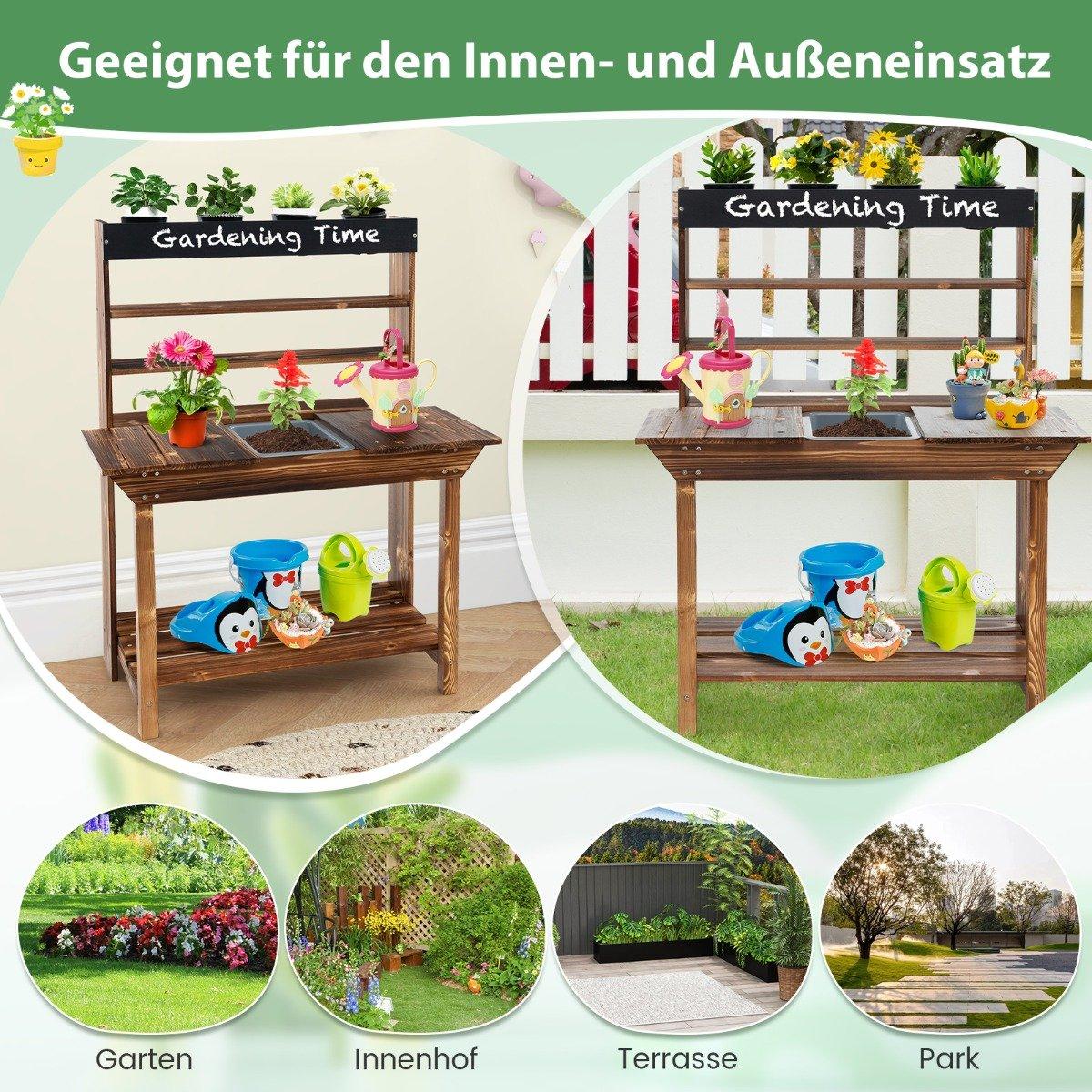 Wooden table with solid fir wood frame & 4 flower pots & removable fir wood sink