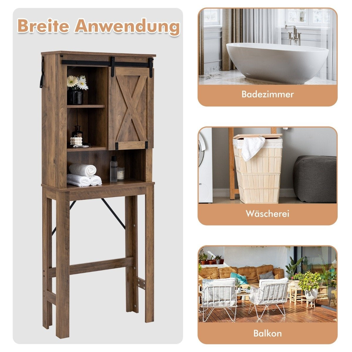 Wooden toilet cabinet with sliding door and 4-way adjustable shelves, brown