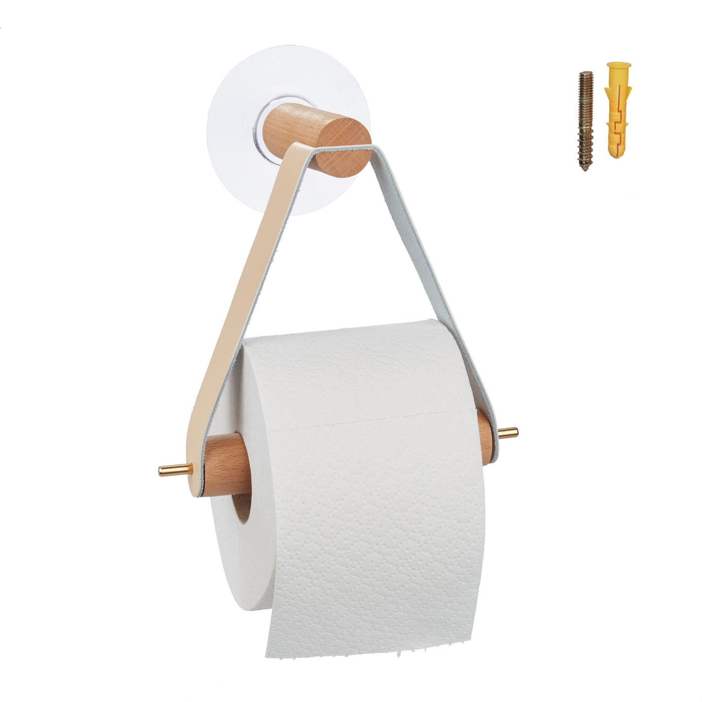Wooden toilet roll holder with strap