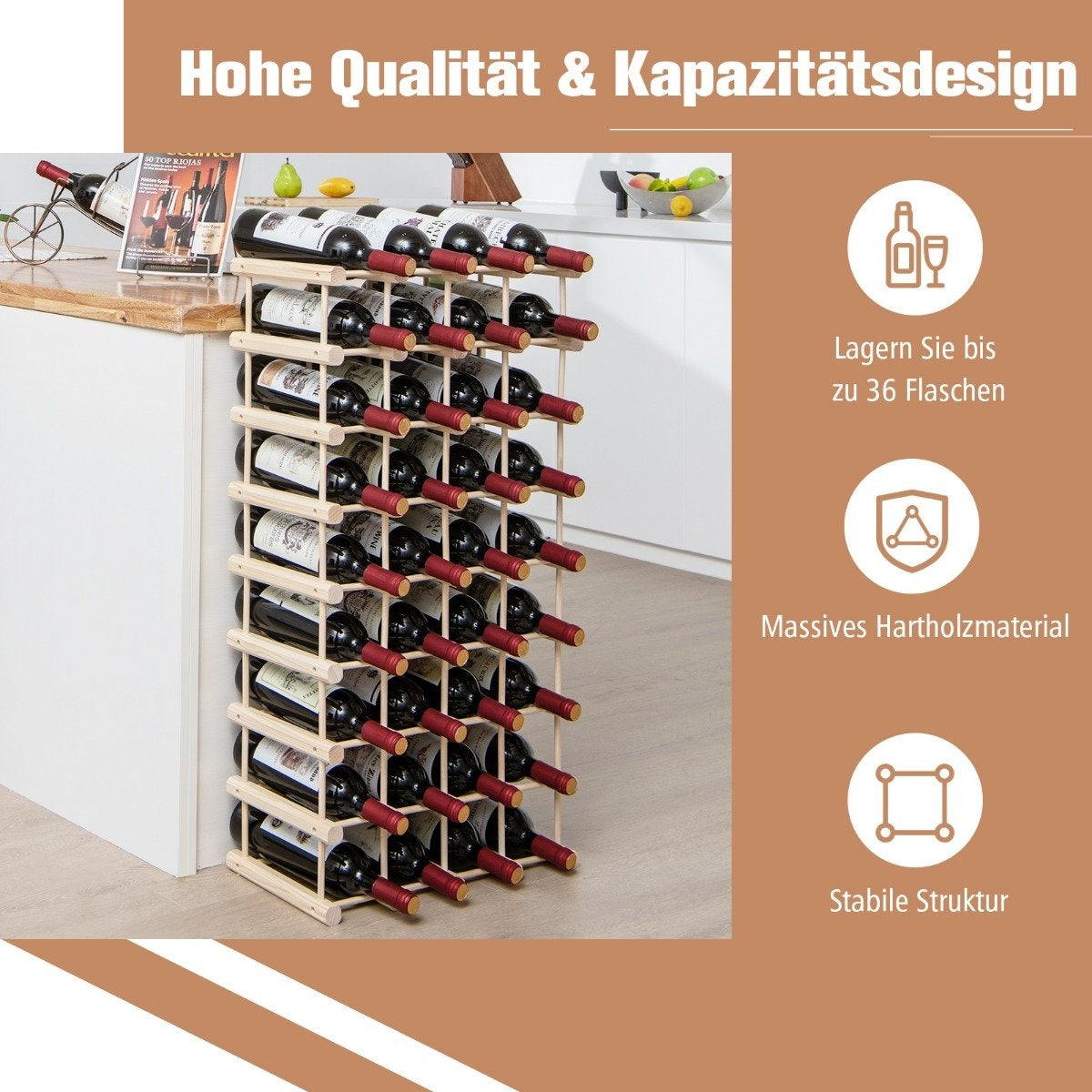Wooden wine rack, bottle stand, wine stand for 36 bottles, bottle rack, wine bottle holder, natural