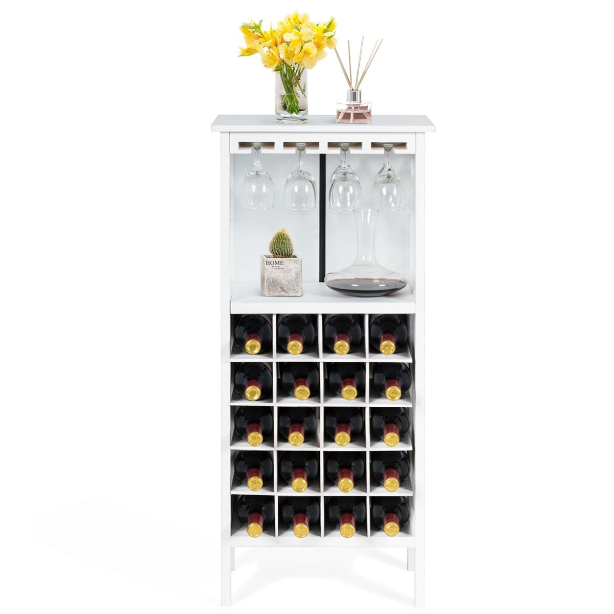 Wooden wine rack for 20 bottles with glass hanger 42 x 24.5 x 96 cm white