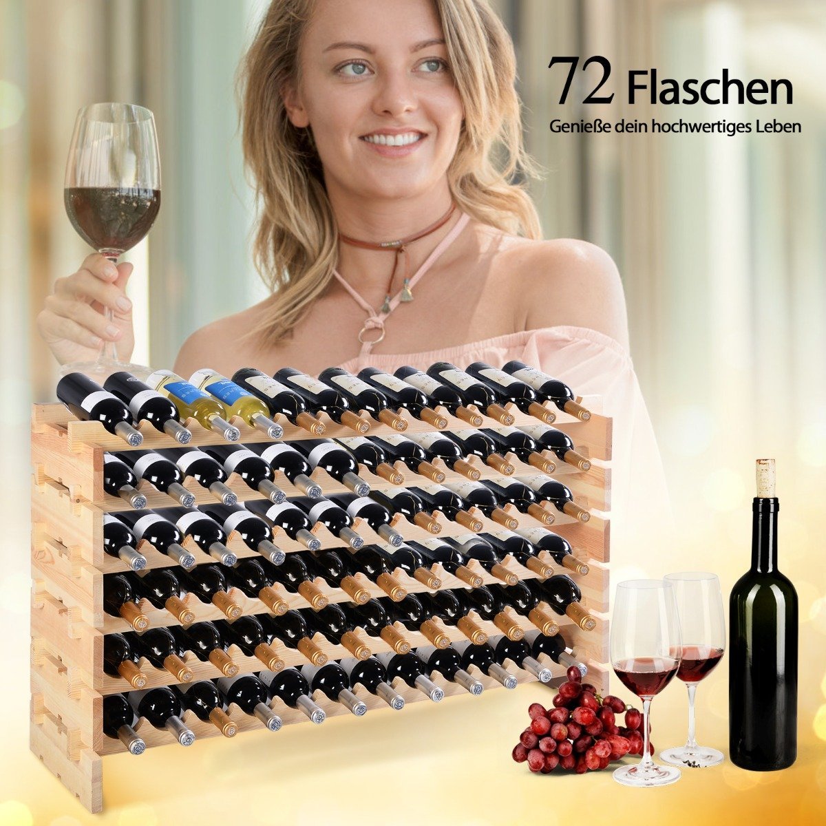 Wooden wine rack for 72 bottles, stackable wine stand, bottle rack, wooden shelf, wine cabinet